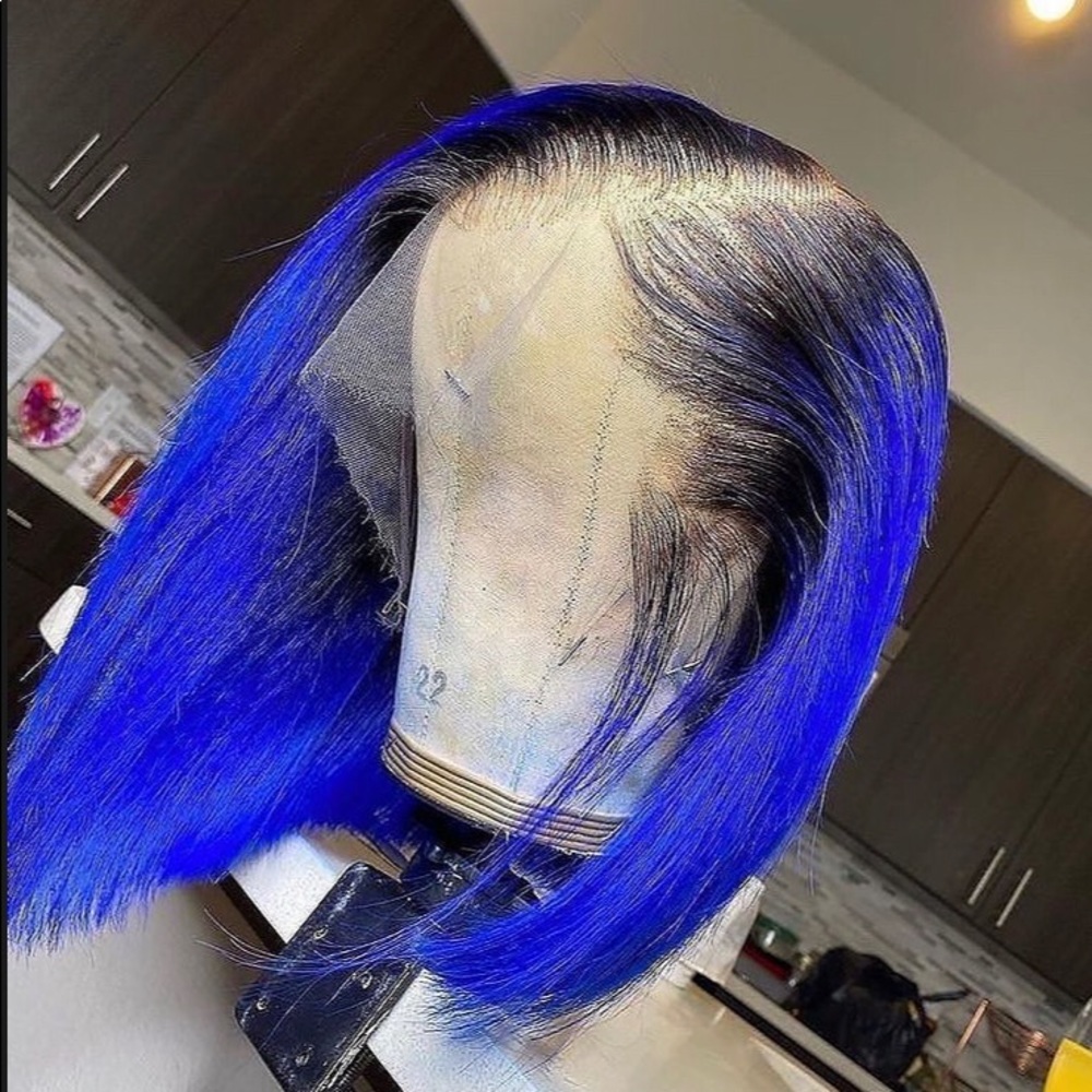 Blue bob with black roots  Human Virgin Hair Pre Plucked Lace Front Wig